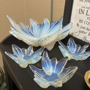 STUNNING IRIDESCENT Milky blue white bowl w 3 matching candle holders.